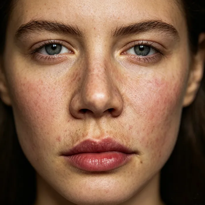 Face with dull, uneven skin tone and redness before brightening treatment by hydradermabrasion facial machine