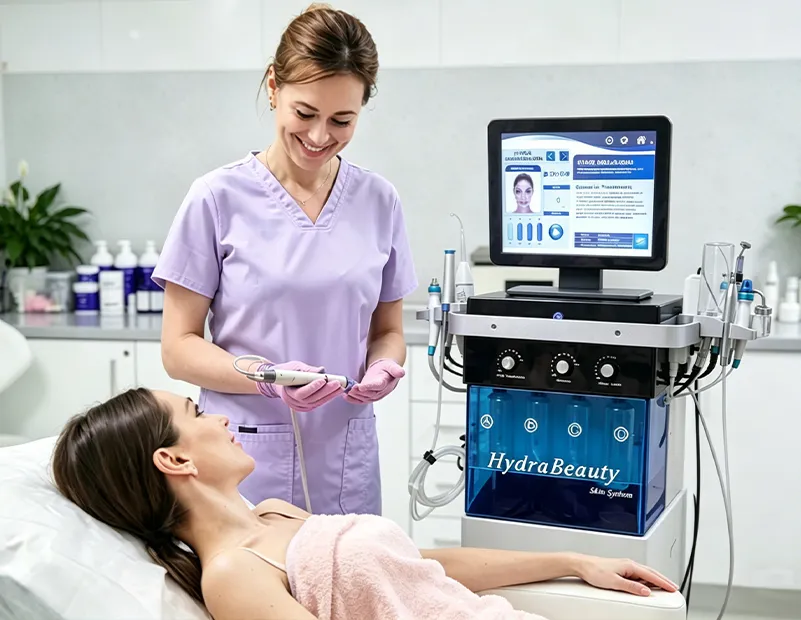 Hydradermabrasion facial treatment with professional skin care machine in clinic