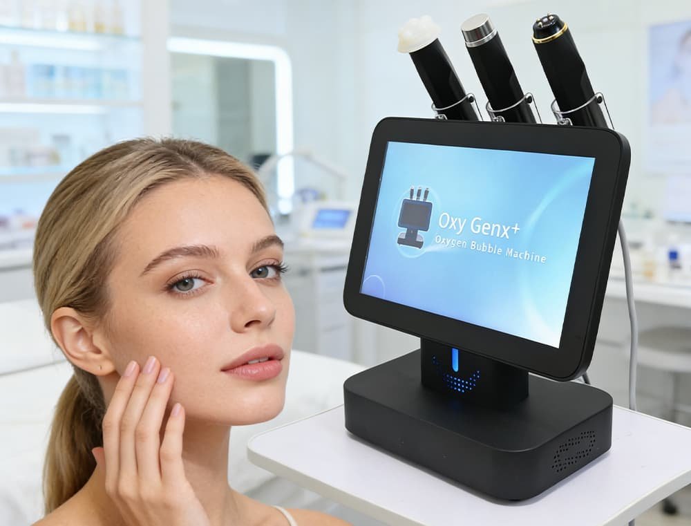Oxygen bubble skin rejuvenation facial care device in a beauty clinic