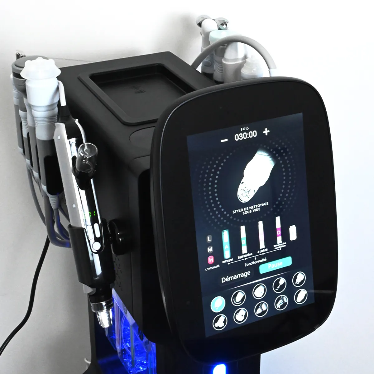 10 in 1 Hydradermabrasion Machine top-left view, Aqua Peeling facial machine with touchscreen control panel