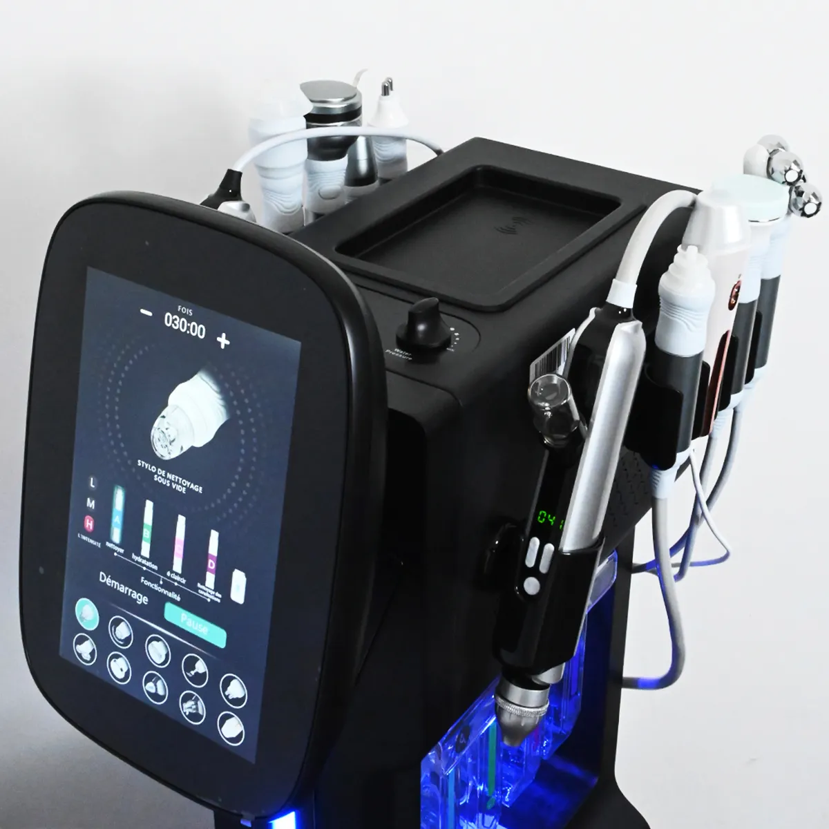 10 in 1 Hydradermabrasion Machine top-right view, Aqua Peeling facial machine multi-functional handles