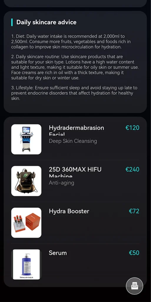 AI skin analyzer machine showing personalized skincare product recommendations based on facial skin analysis
