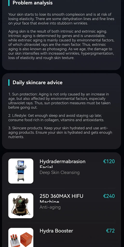 AI intelligent skin analyzer showing aging analysis results with personalized anti-aging skincare recommendations