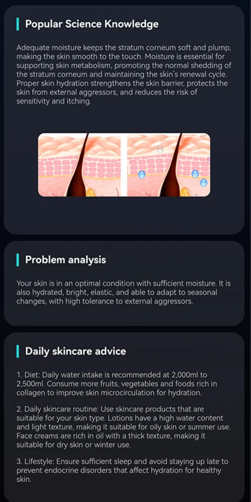 AI intelligent skin analyzer showing multi-dimensional skin analysis report with detailed data