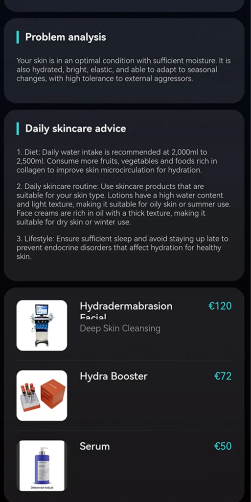 AI intelligent skin analyzer showing skin analysis results with personalized skincare product recommendations