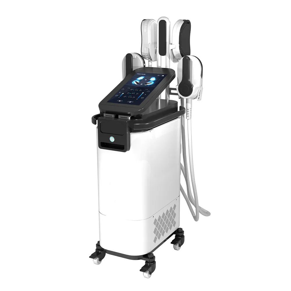 Electromagnetic Muscle Stimulation Machine right side view, vertical body sculpting equipment with multiple therapy handles
