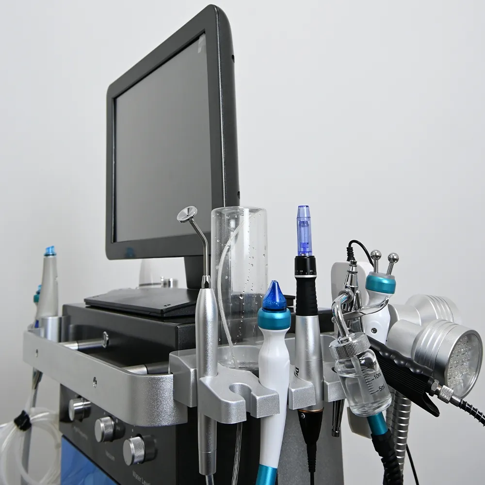 Esthetician using hydradermabrasion facial machine in a professional spa setting