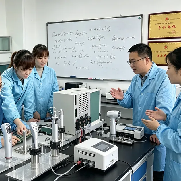 Iqueentech R&D team testing advanced beauty and aesthetic devices in laboratory