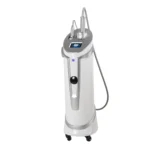 White background right side view photo of vertical lymphatic roller machine with handpiece tube and rolling casters, salon lymphatic drainage massage equipment for cellulite reduction and body contouring