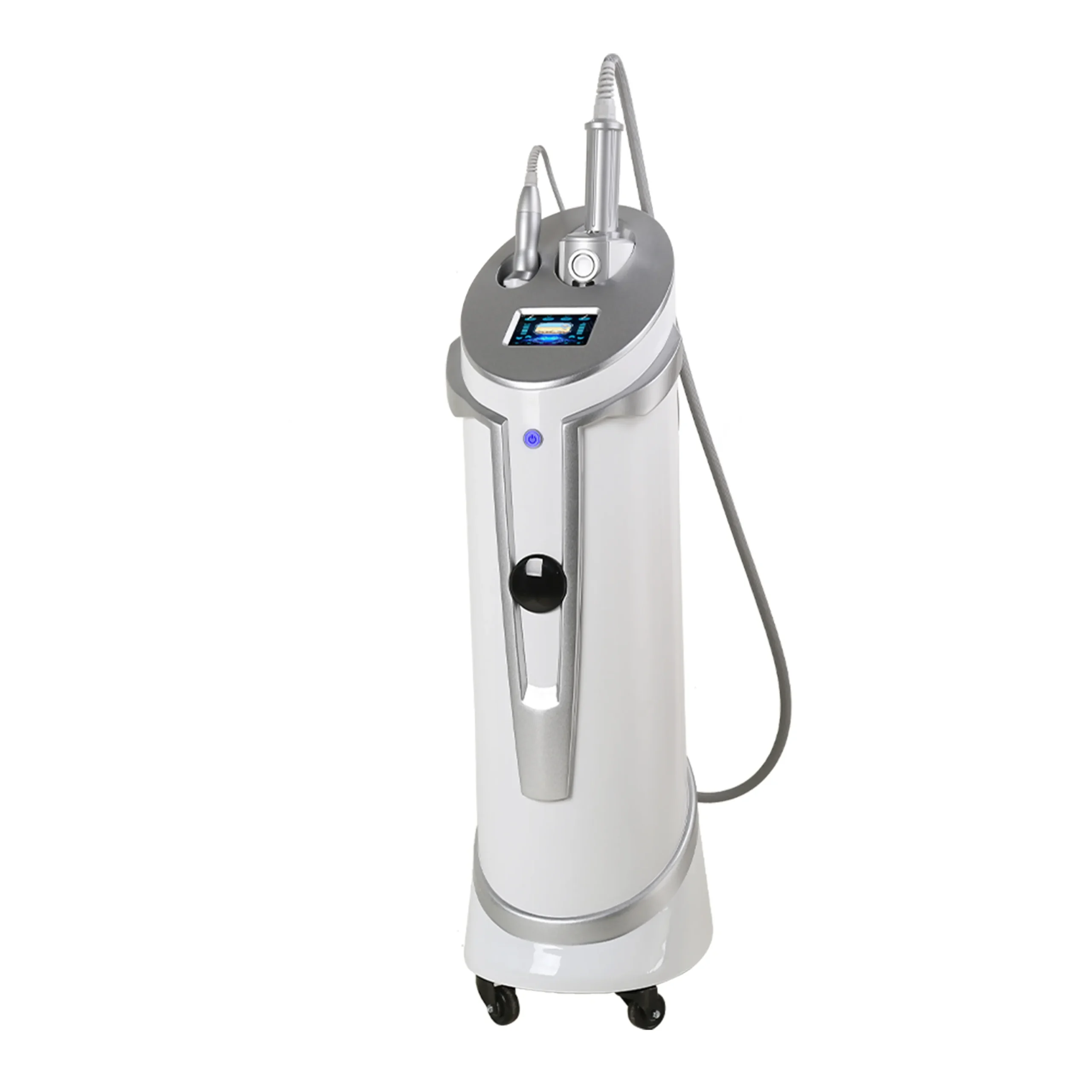 White background right side view photo of vertical lymphatic roller machine with handpiece tube and rolling casters, salon lymphatic drainage massage equipment for cellulite reduction and body contouring