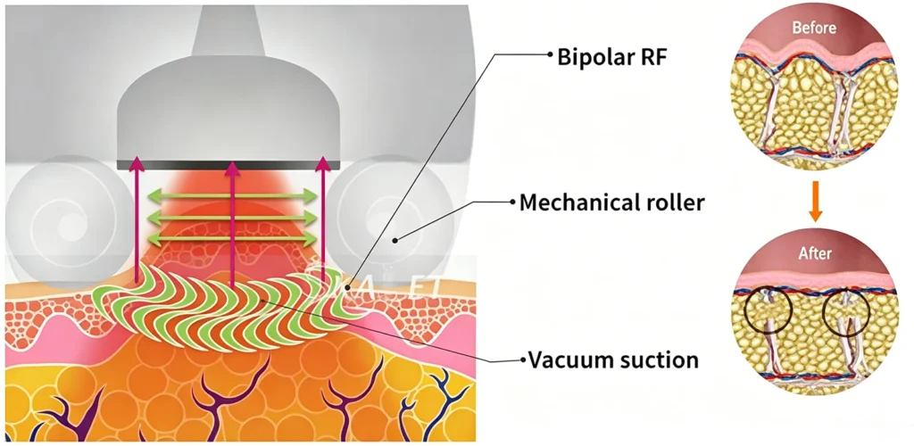 Working Principle Diagram of Vacuum Roller Slimming Machine with 40K Cavitation RF, Skin Tissue Cross Section Illustration for Fat Dissolving & Lymphatic Drainage Mechanism