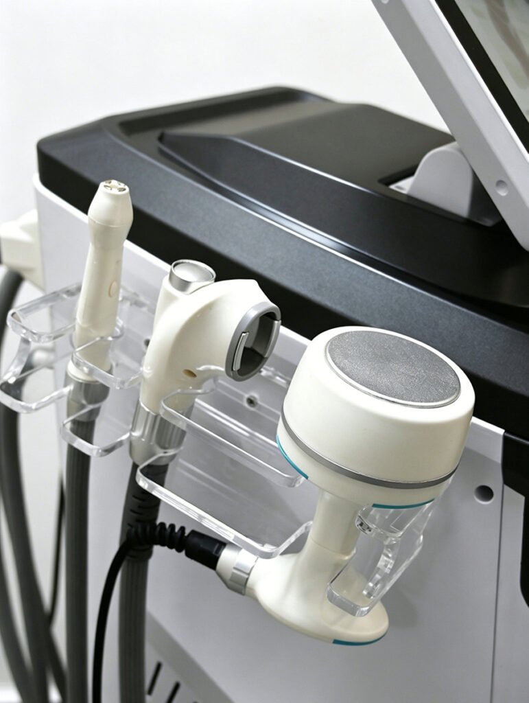 Vacuum Roller Slimming Machine with 40K Cavitation RF, Close-up Left Detailed View of Multifunctional Treatment Handles for Anti-Cellulite & Lymphatic Drainage Salon Equipment