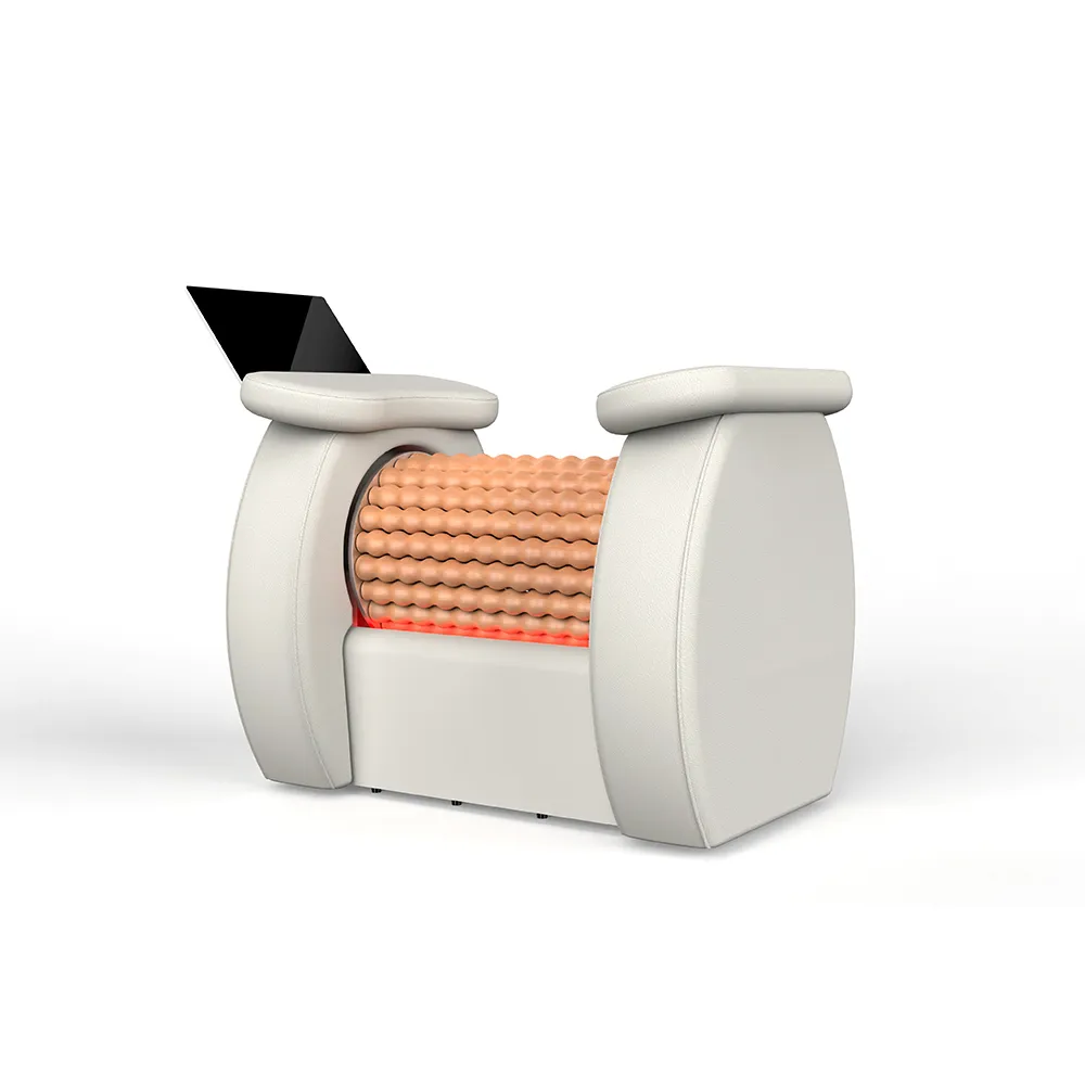 White background 3D rendering image of lymphatic body roller machine, vacuum roller massage equipment for spa lymphatic drainage, cellulite reduction and body contouring aesthetic treatment