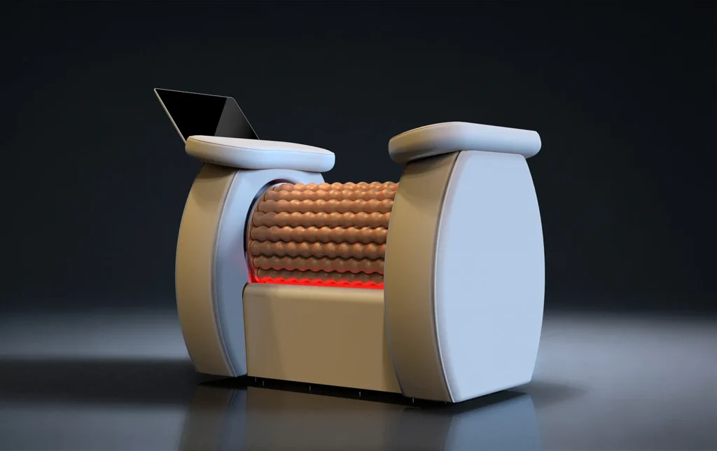 Dark studio background product showcase render of lymphatic body roller machine, professional vacuum roller massage device for salon lymphatic drainage, cellulite reduction and body contouring treatment