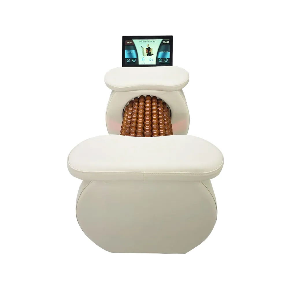 White background side view actual photo of lymphatic body roller machine with touch screen control, salon roller massage equipment for lymphatic drainage, cellulite removal and body contouring aesthetic treatment