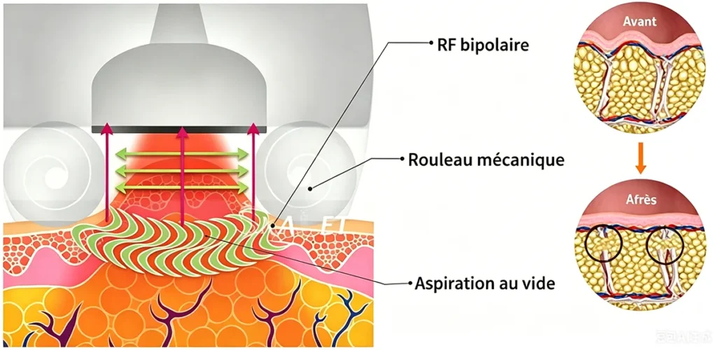 Schéma fonctionnement rouleau RF cavitation sous vide Machine Drainage Lymphatique Cellulite remodelage cutané minceur