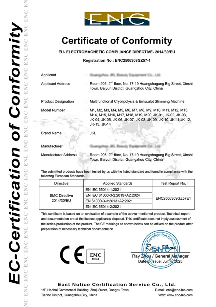 Appareil cryolipolyse professionnel, certificat CE CEM, conformité électromagnétique appareil d’amincissement