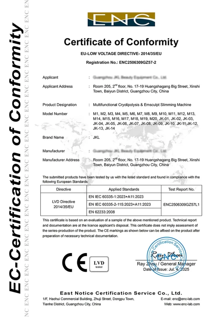 Appareil cryolipolyse professionnel, certificat CE LVD, conformité directive basse tension équipement d’amincissement