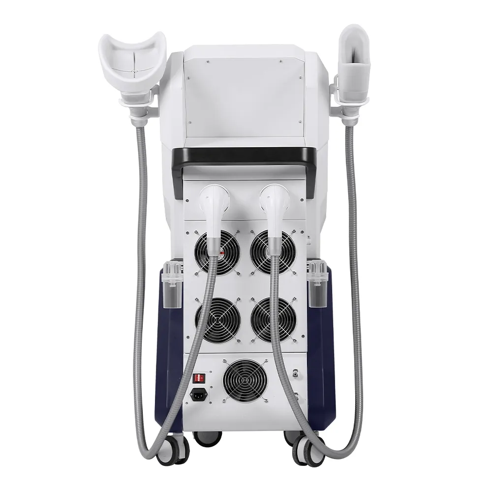 Back view of 360 Degree Cryo Slim Machine with dual cryo handles, commercial cryolipolysis fat freezing slimming equipment with heat dissipation fans and 6 interchangeable 360 surround cooling probes for salon body contour fat reduction treatment