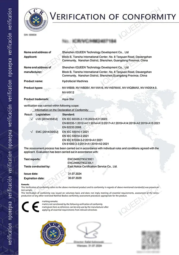 Appareil Hydrodermabrasion 10 en 1 certificat CE, document de conformité européenne machine aquapeel visage professionnel institut beauté