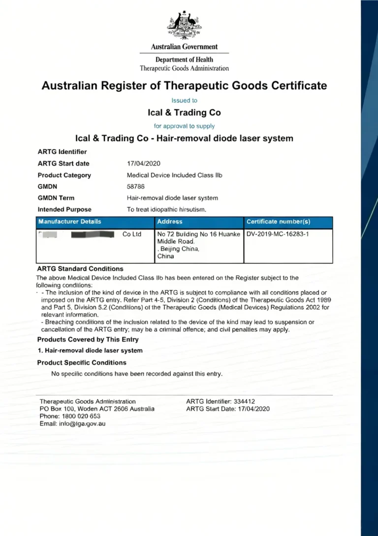 Certificat TGA machine laser diode professionnelle épilation définitive