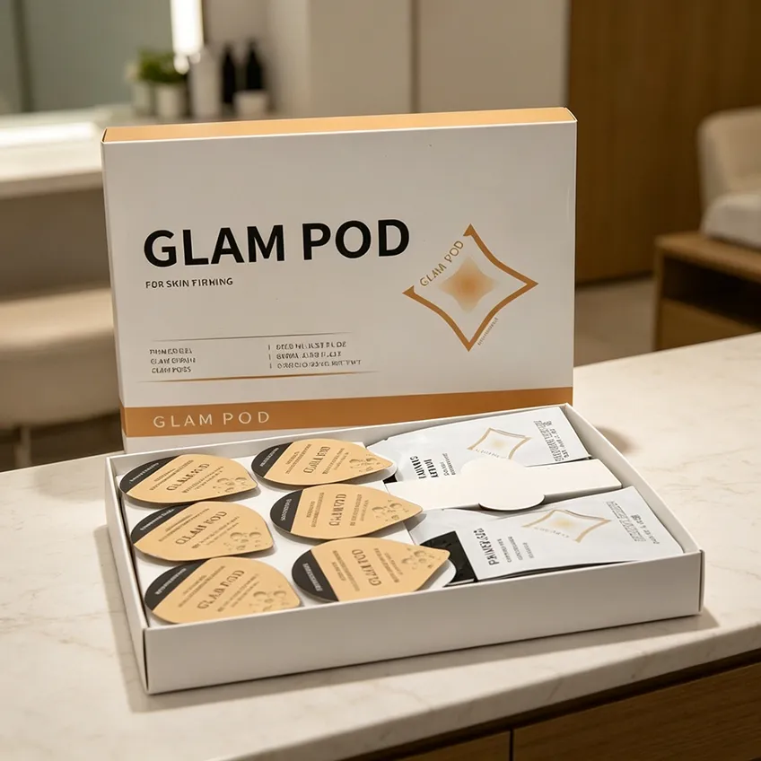 Glam Pod Skin Firming Consumable Pod Kit for Oxygen Facial Machine, Open Box Showing Primer Gel, Serum and Firming Pods for Salon Oxygen Facial Treatment