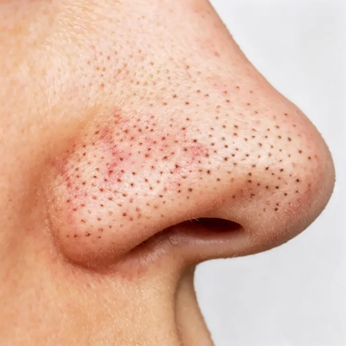 Peau de nez avec points noirs à traiter par appareil hydrodermabrasion multifonction 15 en 1