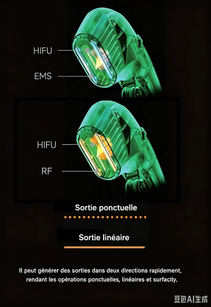 Machine HIFU 25D-360Max schéma principe de fonctionnement poignée 15RS HIFU EMS RF