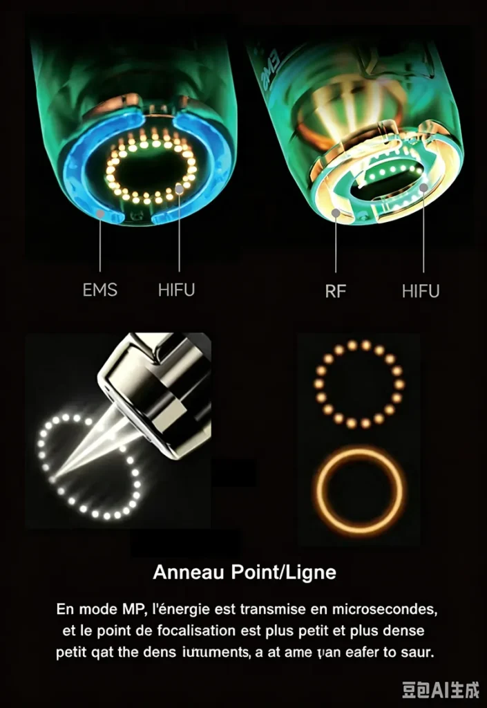 Machine HIFU 25D-360Max schéma technique poignée 36RS énergies HIFU RF EMS mode anneau point-ligne
