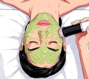 Cartoon illustration of spa facial treatment with oxygenating facial machine handpiece, beautician performing oxygen infusion skincare on client with green mask