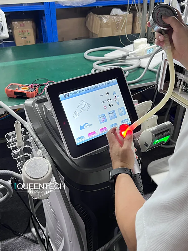 QC technician tests negative pressure and RF performance of facial vacuum RF handpiece for Lymphatic Roller Machine before shipment