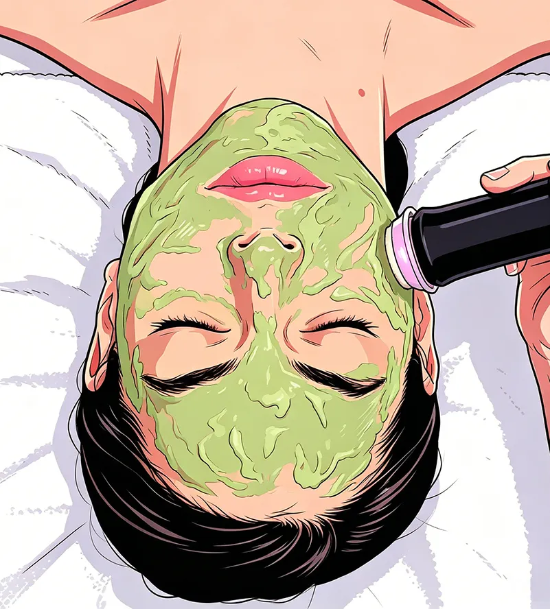 Cartoon illustration of oxygen facial machine operation, woman receiving professional 3-in-1 facial treatment with exfoliating gel on face, aesthetic salon skincare procedure