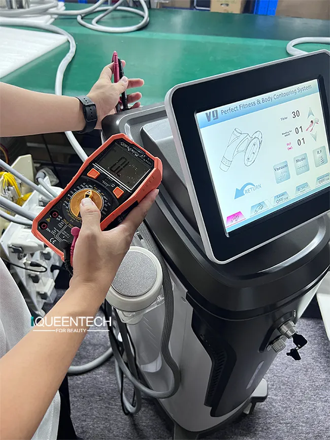 Factory inspector uses multimeter to calibrate and test overall output power parameters of Lymphatic Roller Machine for uniform performance standards