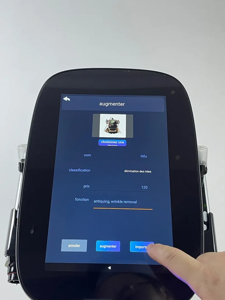 Appuyer sur le bouton « Importer » pour terminer l’ajout du produit recommandé sur l’appareil hydro dermabrasion