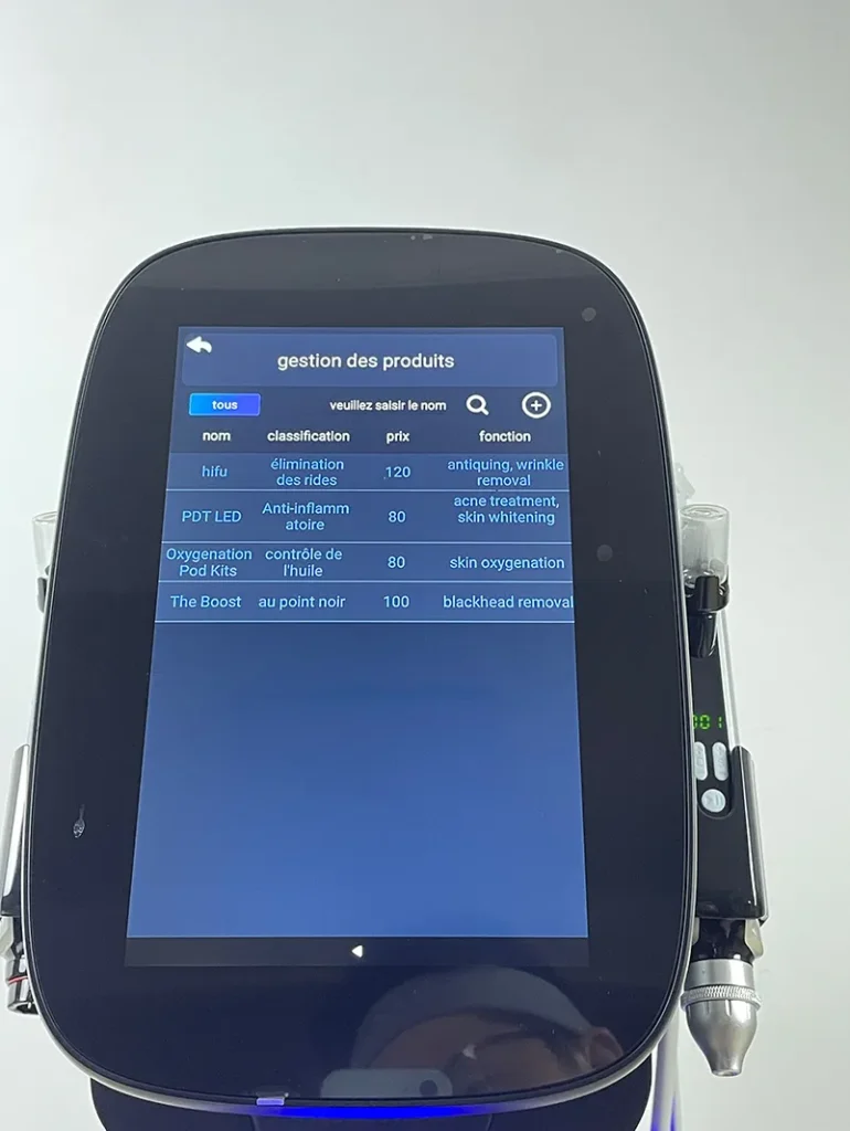 Répéter les opérations précédentes pour ajouter plusieurs produits recommandés sur l’appareil hydro dermabrasion