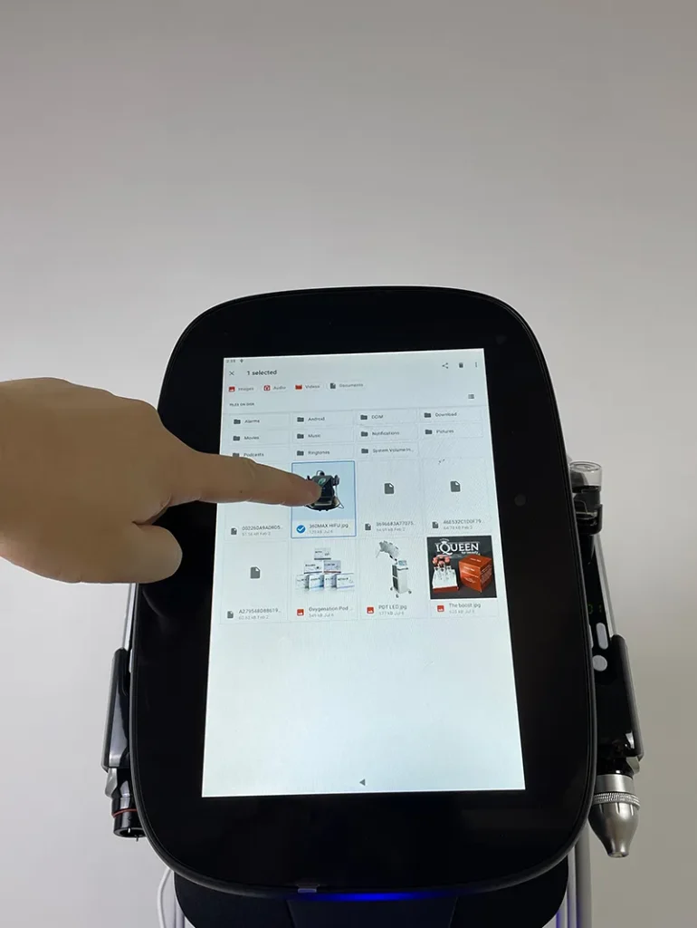 Step 5 of setting up skin analysis system on Hydro Dermabrasion Facial Machine, select corresponding images of recommended products inside the folder on USB flash drive