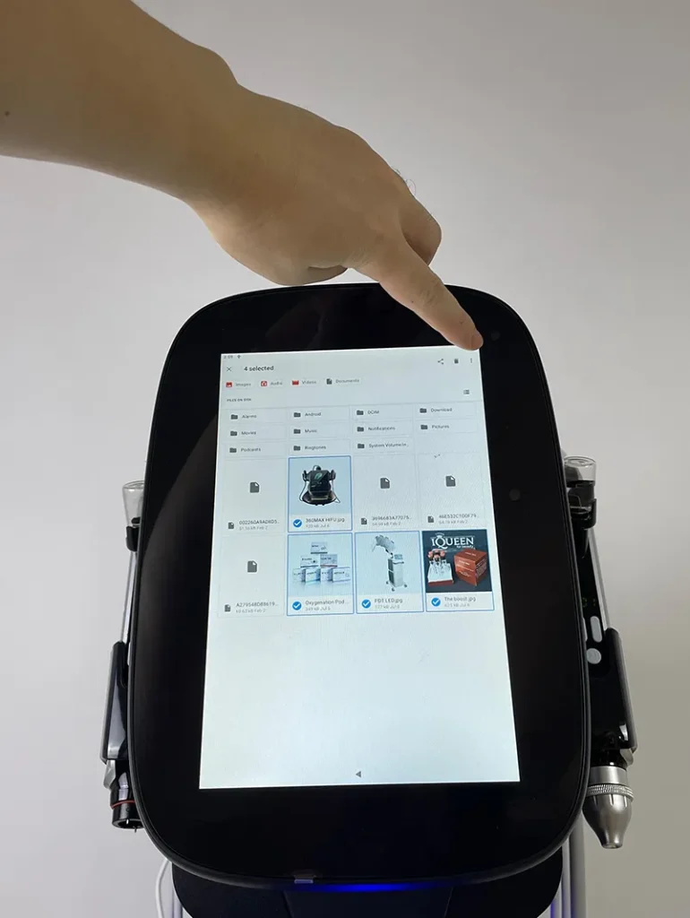 Step 6 for skin analysis system configuration on Hydro Dermabrasion Facial Machine, tap the setting button located at the top right corner of the touch screen