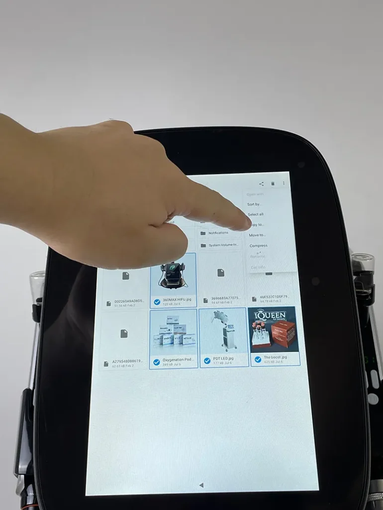 Step 7 for configuring skin analysis system on Hydro Dermabrasion Facial Machine, select the "copy to" button within the settings menu