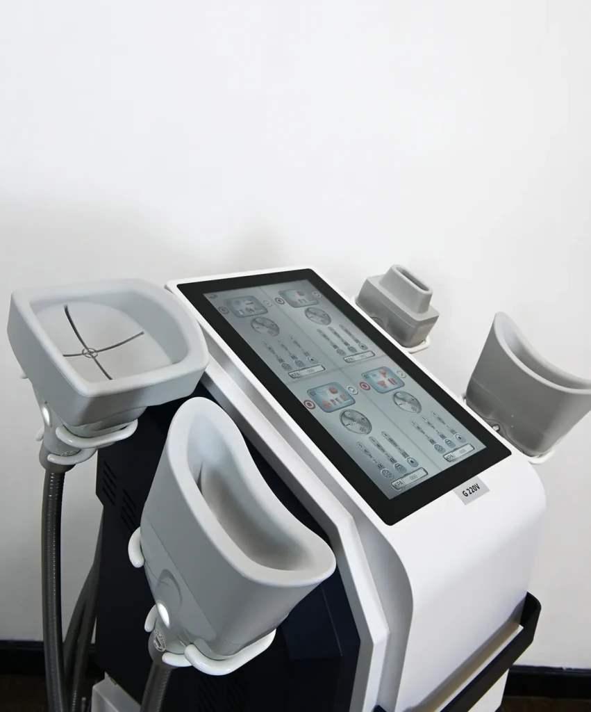 Appareil Cryolipolyse 360° omnidirectionnel à 4 poignées, image des détails du produit pour la réduction des graisses et l’amincissement professionnel