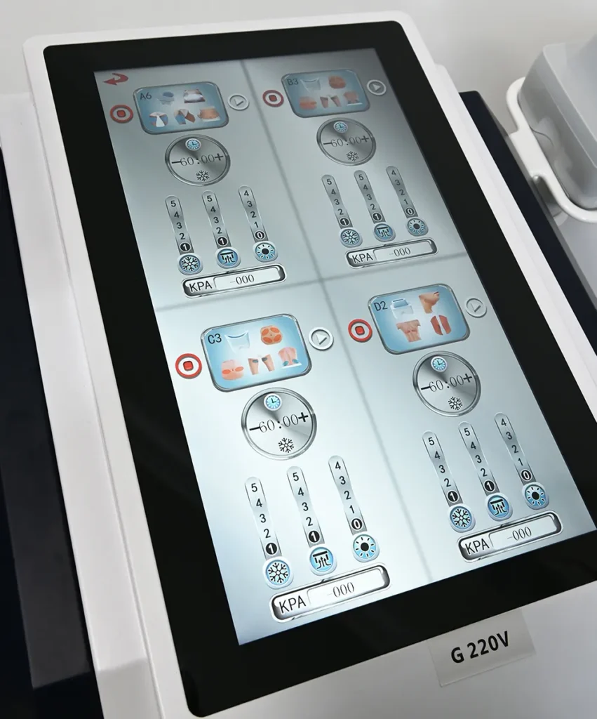 Appareil Cryolipolyse 360° omnidirectionnel, écran de commande tactile pour machine cryo-amincissement à 4 poignées de traitement anti-graisse