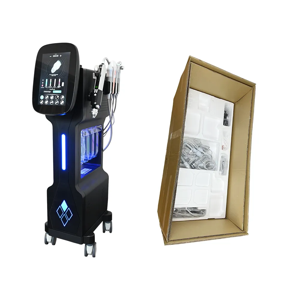 Appareil d'hydrodermabrasion et carton d'emballage export, comparaison de la machine de soin hydrafacial et son emballage pour transport international