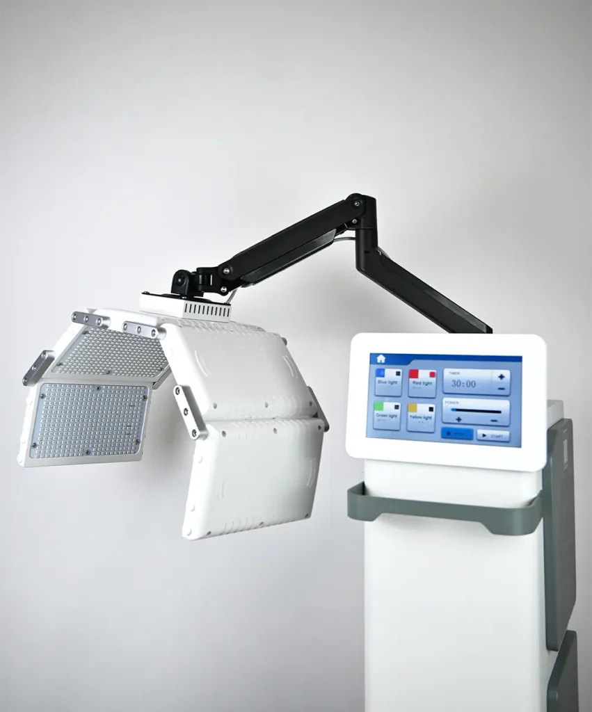 Appareil Luminothérapie Visage professionnel détail produit, machine photothérapie LED sur chariot mobile avec bras articulable et écran tactile pour institut de beauté
