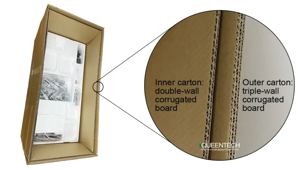 Close-up view of thick corrugated cardboard for hydradermabrasion machine shipping carton, sturdy wall structure for impact resistance in international logistics