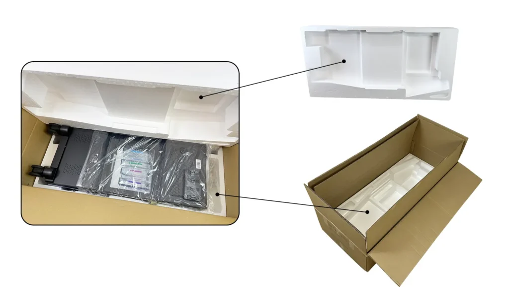 Custom molded foam inner liner for hydradermabrasion machine, precision cut shockproof foam insert to fix main unit and accessories inside shipping carton