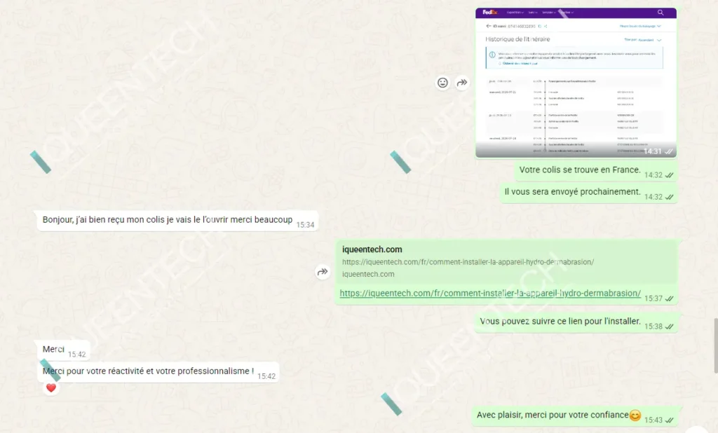 WhatsApp chat screenshot, French customer confirms receipt of hydro dermabrasion facial machine, we send installation guide link and receive positive feedback about our professionalism.