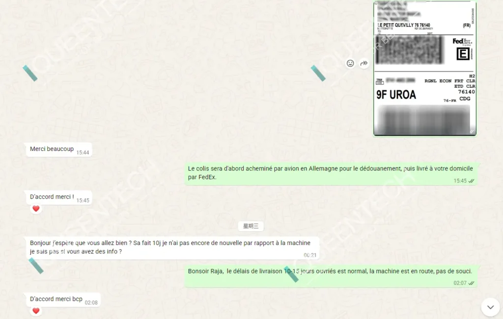 WhatsApp chat screenshot with French customer, explain FedEx shipping route, respond to logistics inquiry and inform buyer that hydro dermabrasion facial machine is in transit.