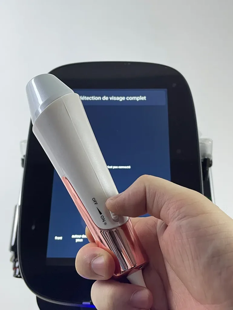 Step 1 for using Skin Analysis System on Hydro Dermabrasion Facial Machine, turn on the handpiece switch