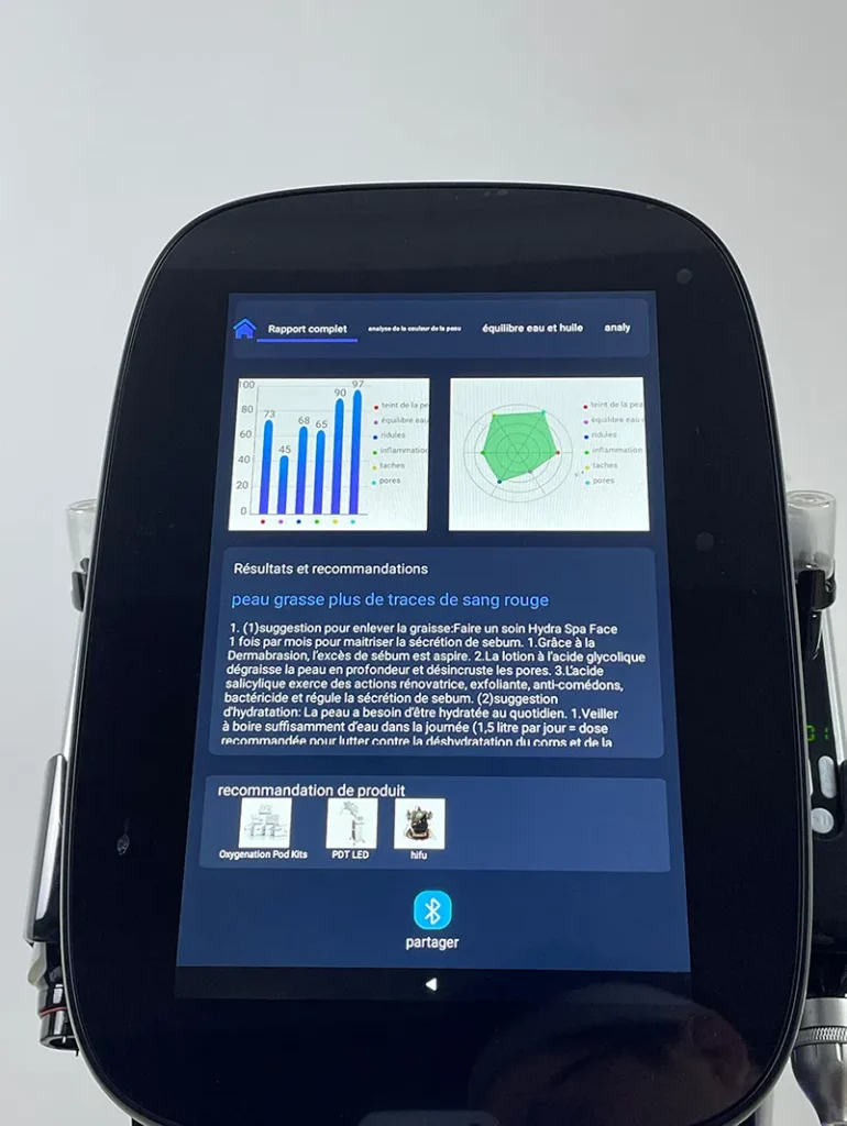 Step 10 for Skin Analysis System operation on Hydro Dermabrasion Facial Machine, display the complete report including scores, skin analysis and product recommendations