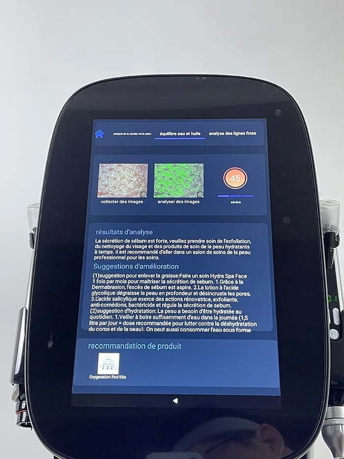 Step 11 for Skin Analysis System operation on Hydro Dermabrasion Facial Machine, display the skin moisture and oil balance report