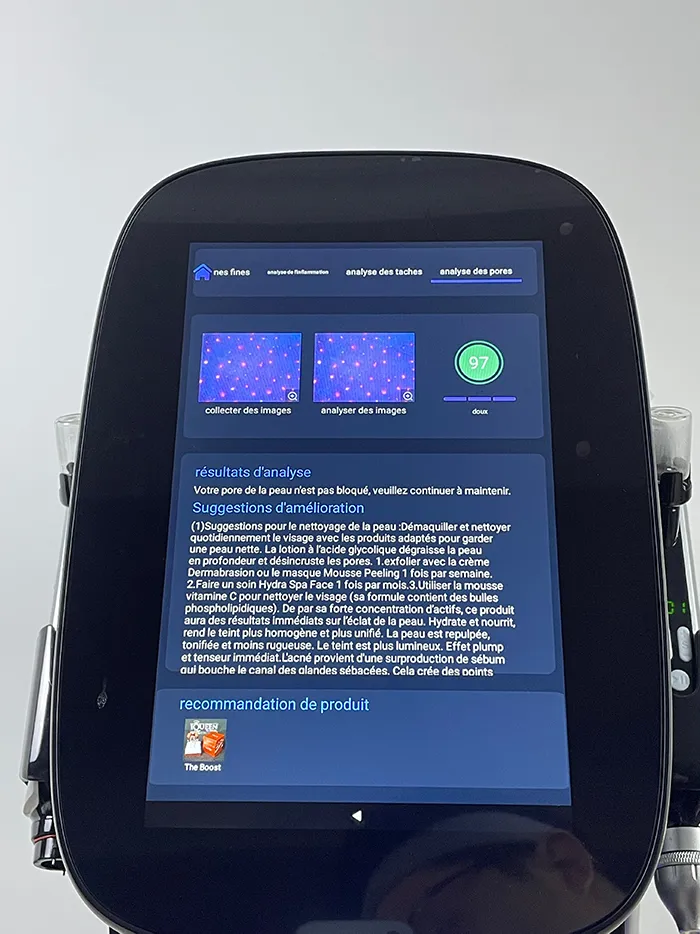 Step 14 for Skin Analysis System operation on Hydro Dermabrasion Facial Machine, display the skin pore analysis report
